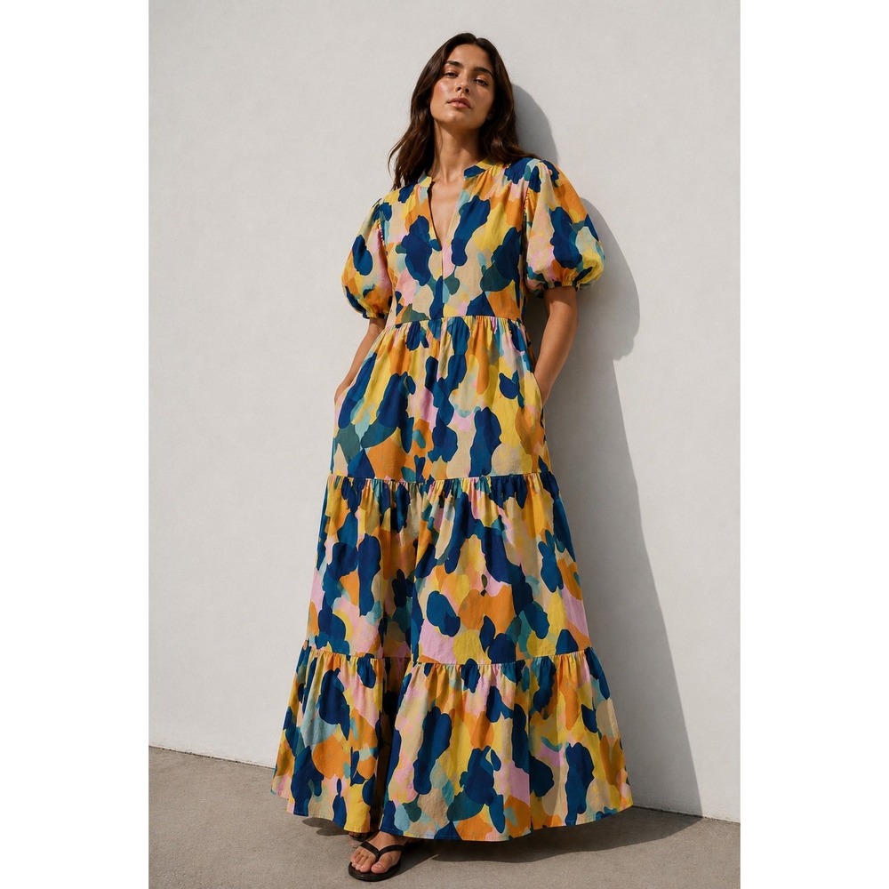 THML by Anthropologie Abstract Print Cotton Maxi Dress with Pockets Size S
